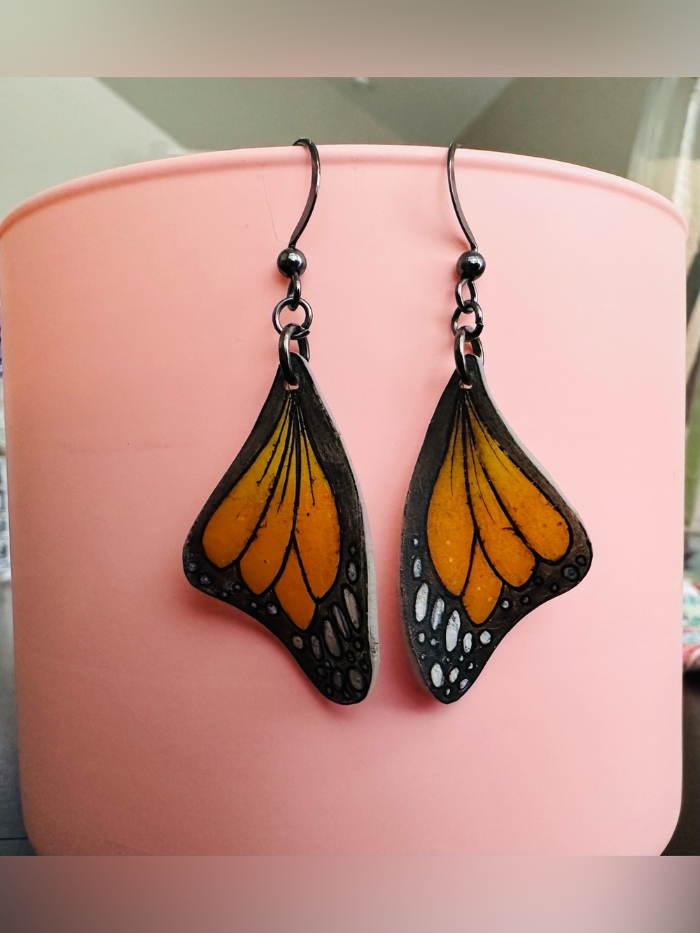 Hand Painted Monarch Butterfly Wing Dangle Earrings